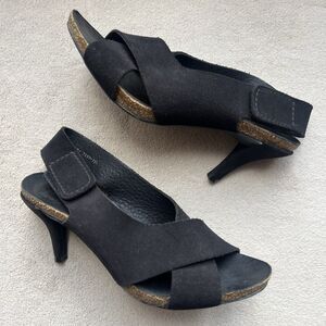 Pedro Garcia Maggie Black Suede Cork Heel Sandal Women EU 35.5 US 5.5 Slingback